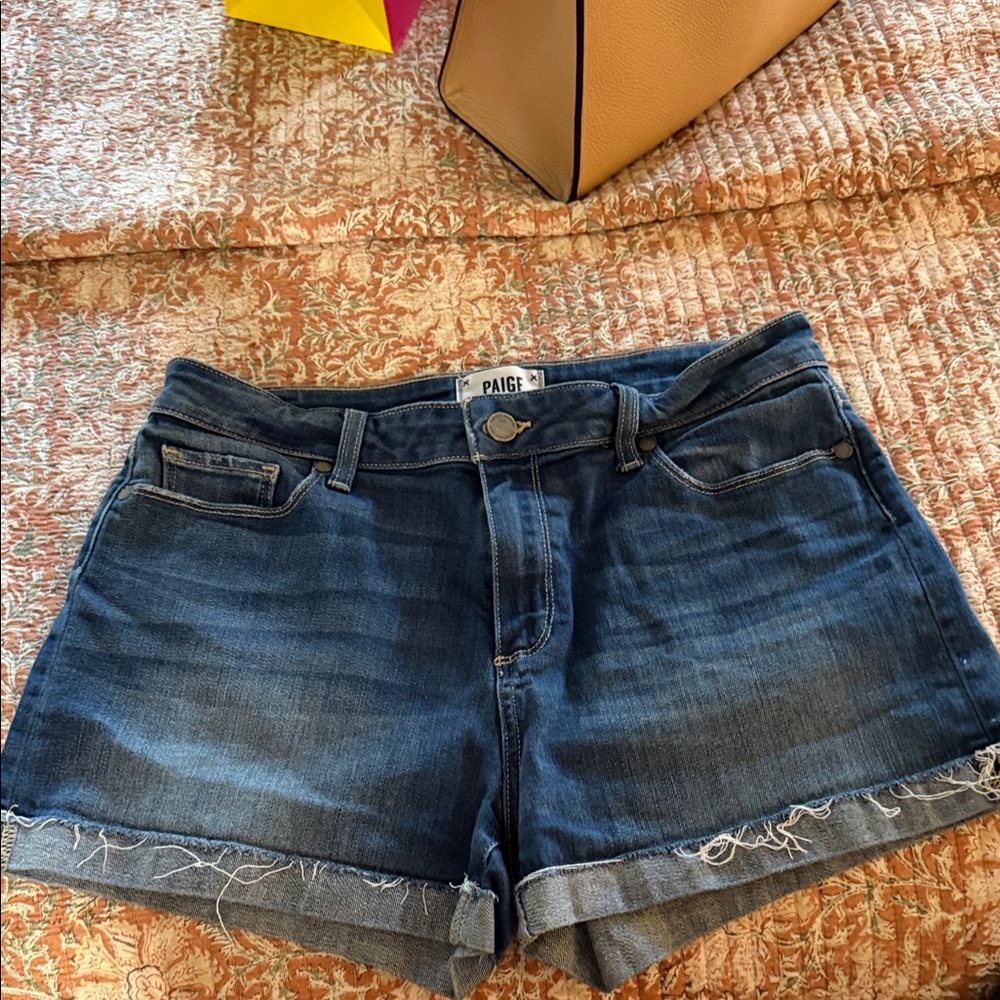 PAIGE Dark Indigo Rolled Hem Denim Shorts
